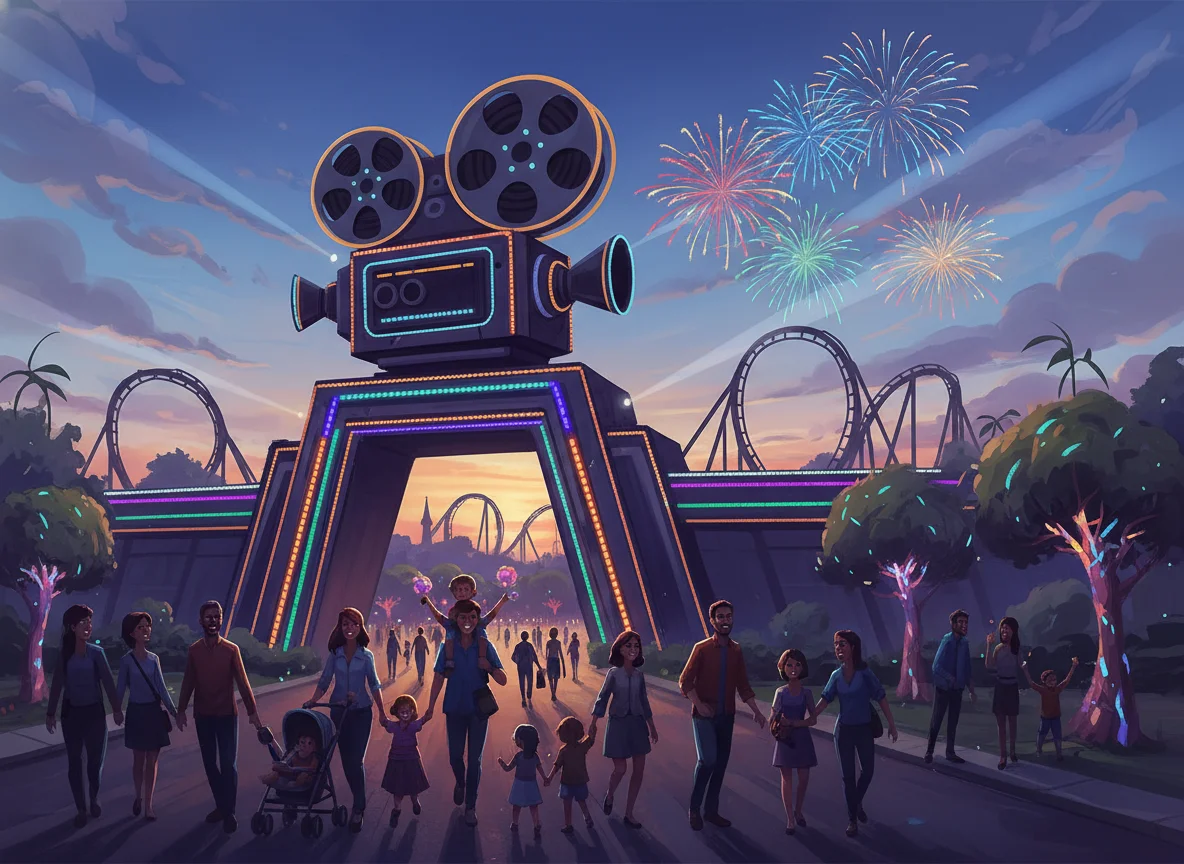 Illustration of a grand theme park entrance with fireworks in the evening sky