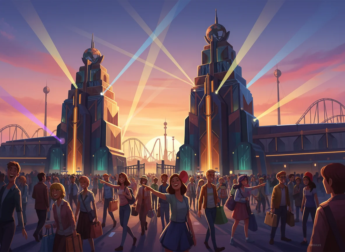 Illustration of a vibrant theme park entrance representing a global entertainment experience