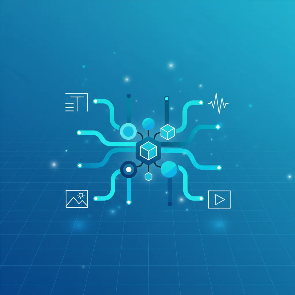 Illustratie van een multimodale kunstmatige intelligentie met netwerkknopen en iconen voor tekst, beeld, audio en video